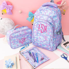 matching monogrammed binder pencil pouch backpack and lunchbox in mermaid magic