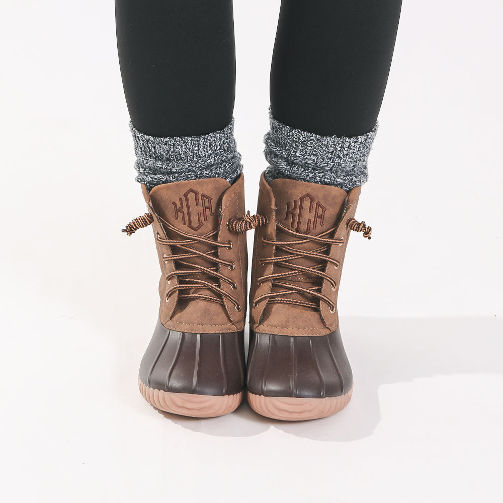 personalized brown duck boots with charcoal socks
