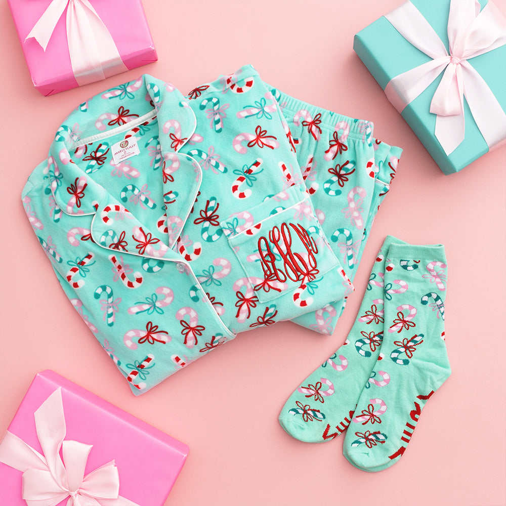 merry mint socks pajama flatlay