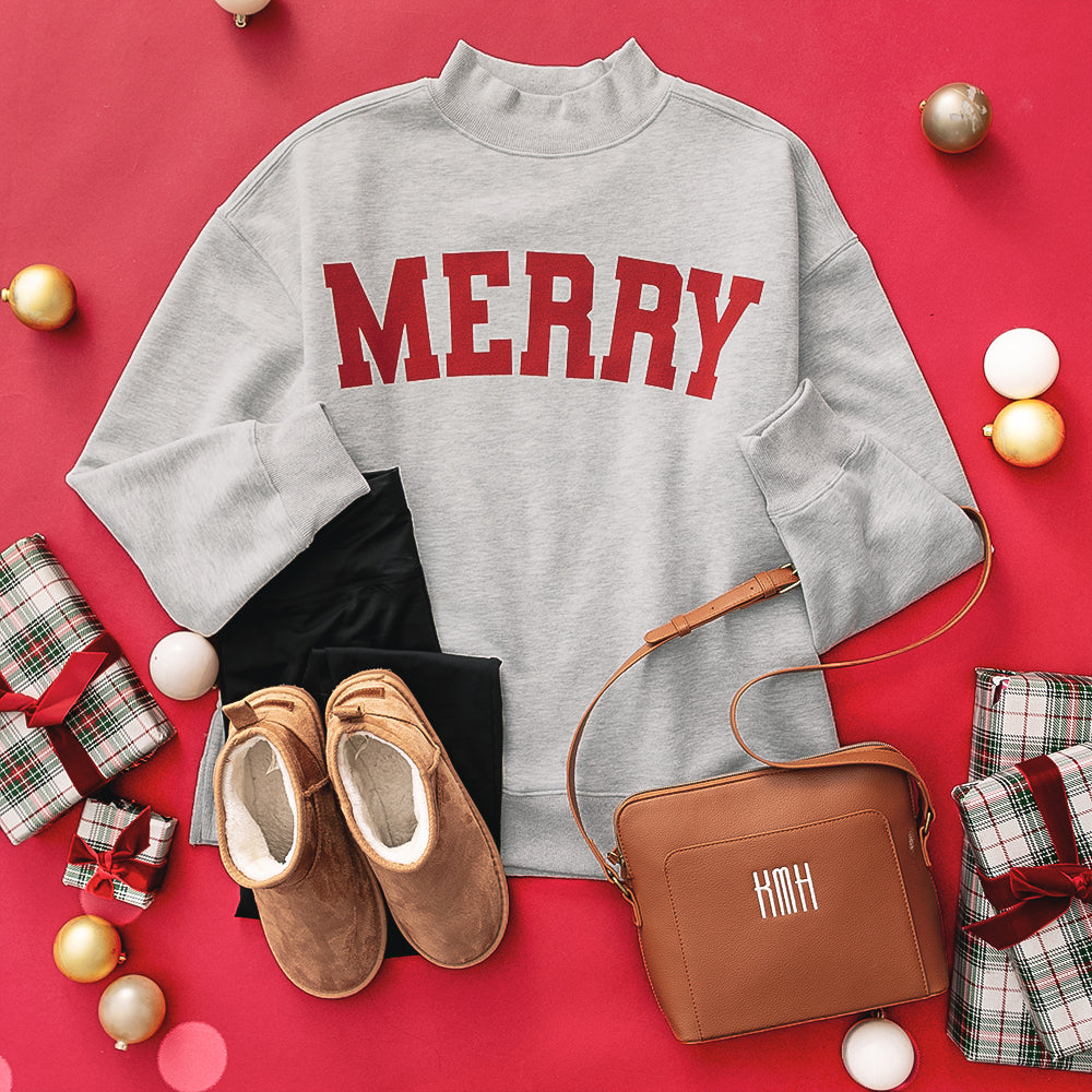 merry mockneck sweatshirt christmas ootd 