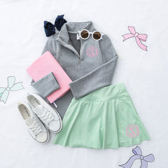 Mint girls twirl skort flatlay with pullover sweatshirt