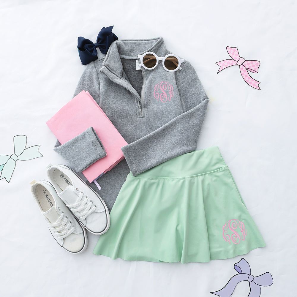 Mint girls twirl skort flatlay with pullover sweatshirt