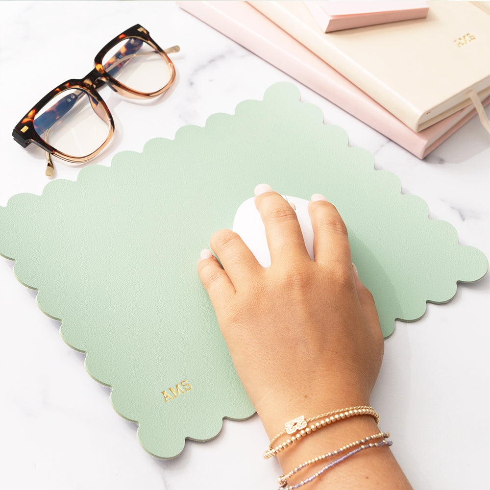 woman using sage green scalloped mouse pad on desk