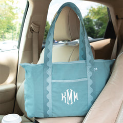 mist anywhere tote bag in car with white monogram
