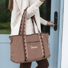 mocha anywhere tote on girls arm close up