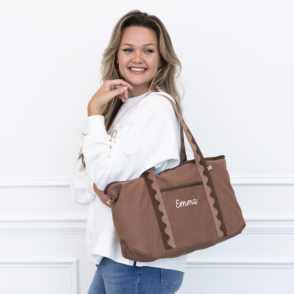 mocha anywhere tote on girls shoulder