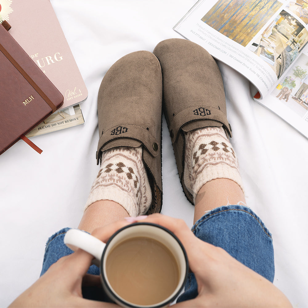 mocha monogrammed clogs with coffee