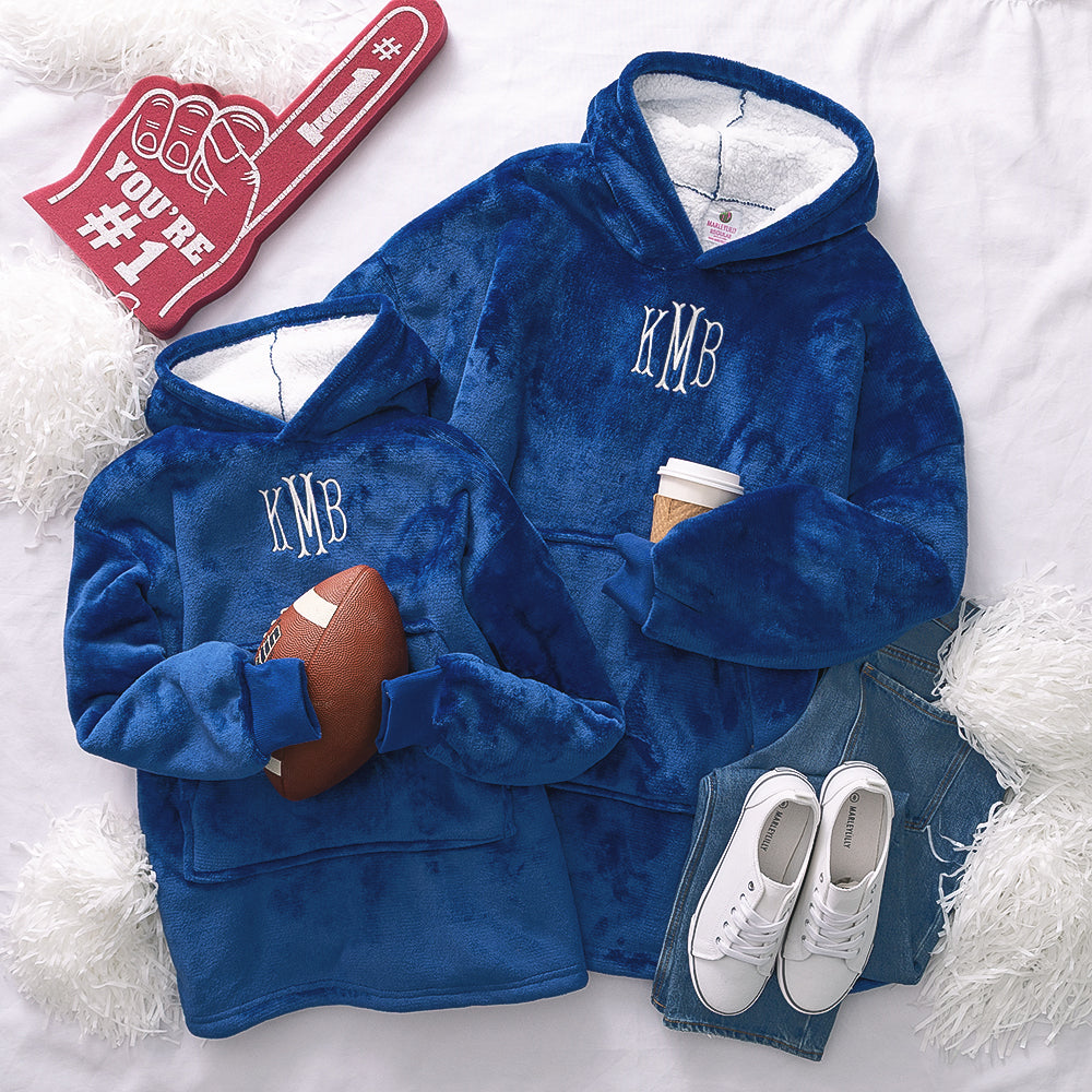 mom and me blue monogrammed blanket hoodies 