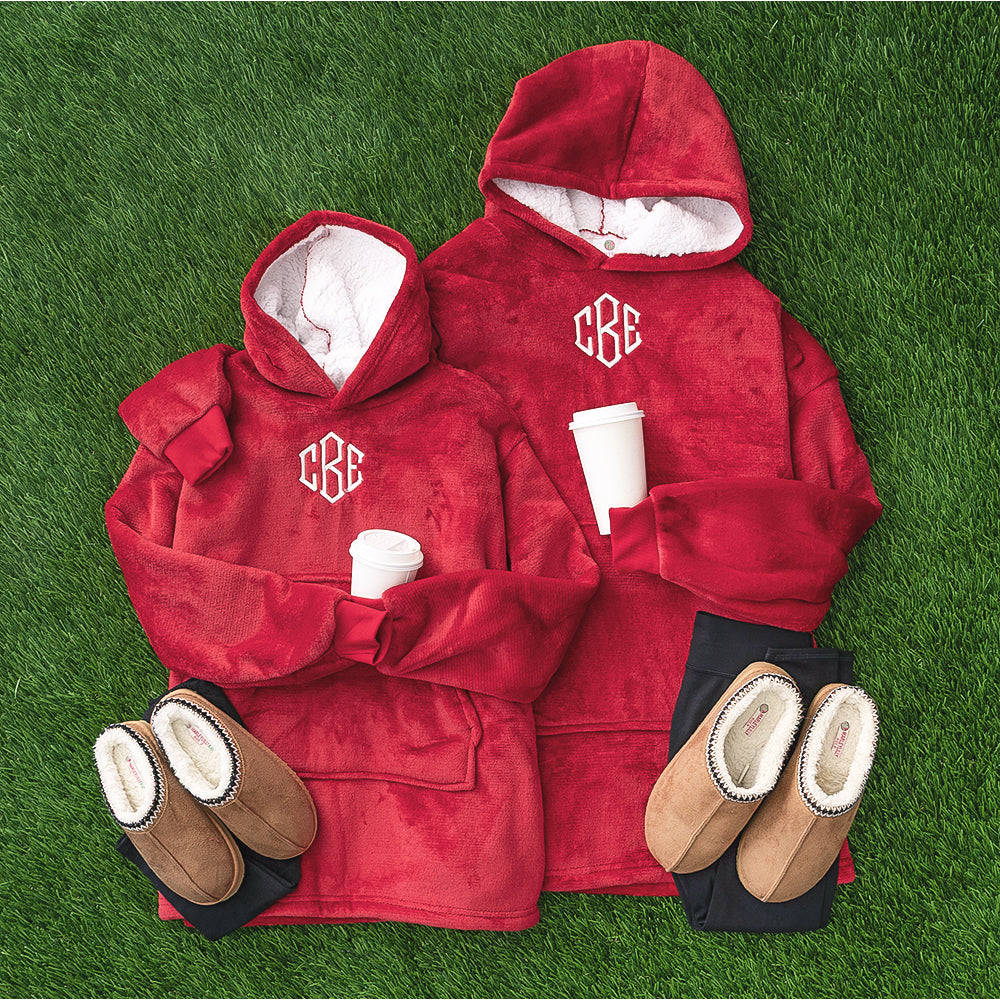 mom and me crimson monogrammed blanket hoodies 
