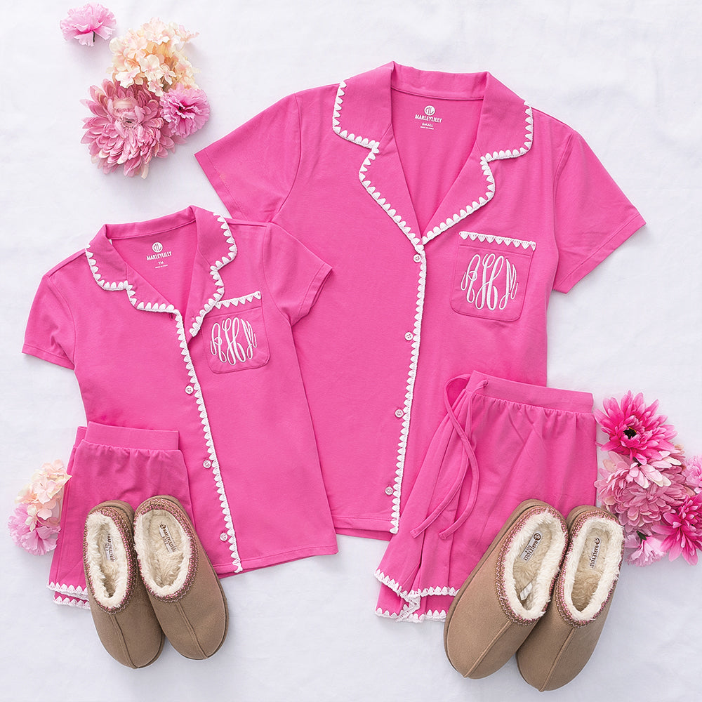 mom and me flatlay classic sleep set hot pink