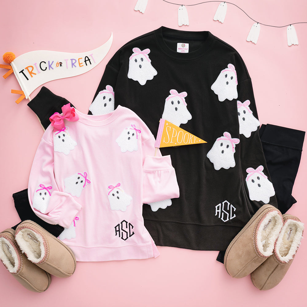 mom and me monogrammed sequin ghost sweatshirts 