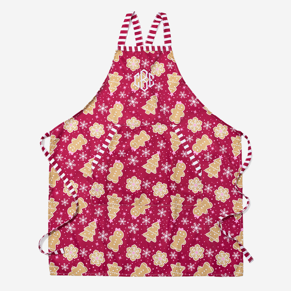 monogrammed apron in gingerbread jingle
