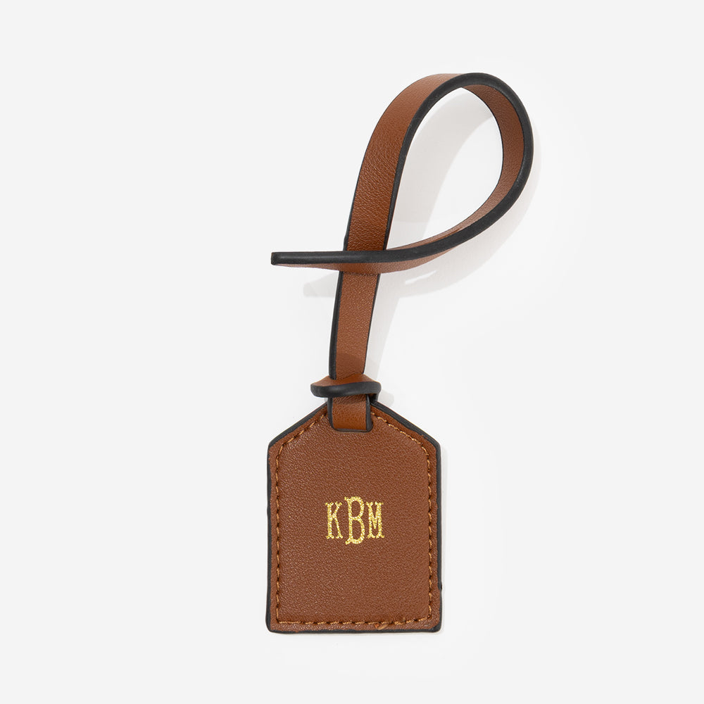 monogrammed bag tag in dark brown
