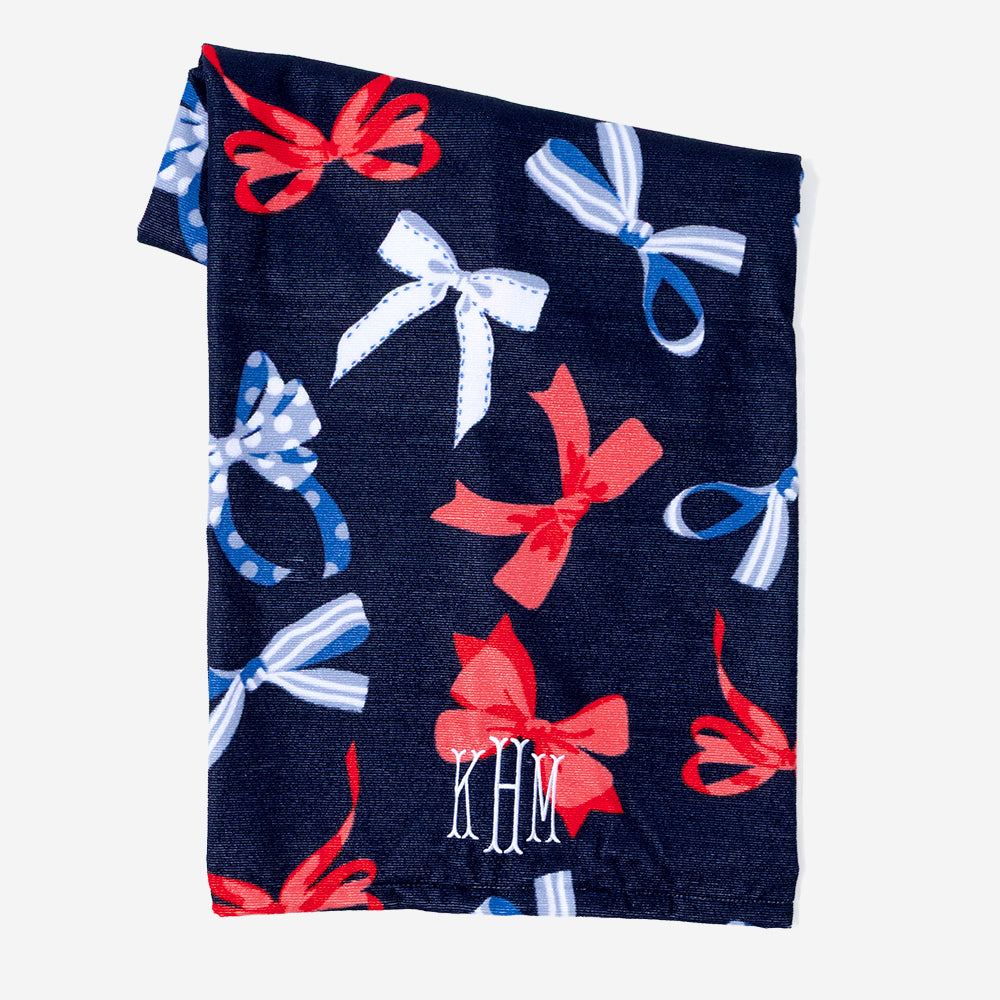 monogrammed beach towel in patriotic bows