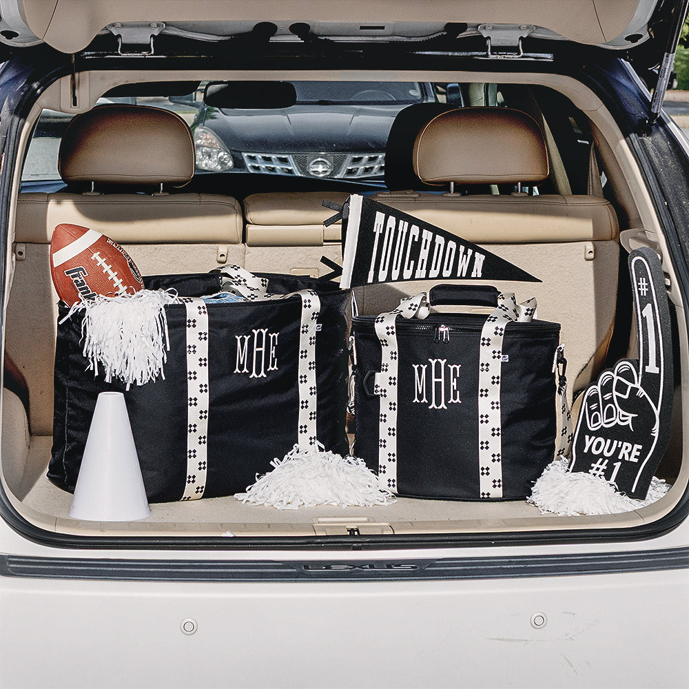 monogrammed black ditsy diamond extra large tote bag and personalized cooler in trunk