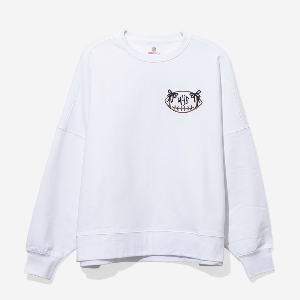 monogrammed bow football sweatshirt in white