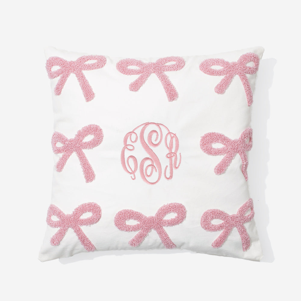 monogrammed bow pillow sham with baby  pink monogram