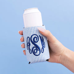 monogrammed can koolie navy seersucker in hand