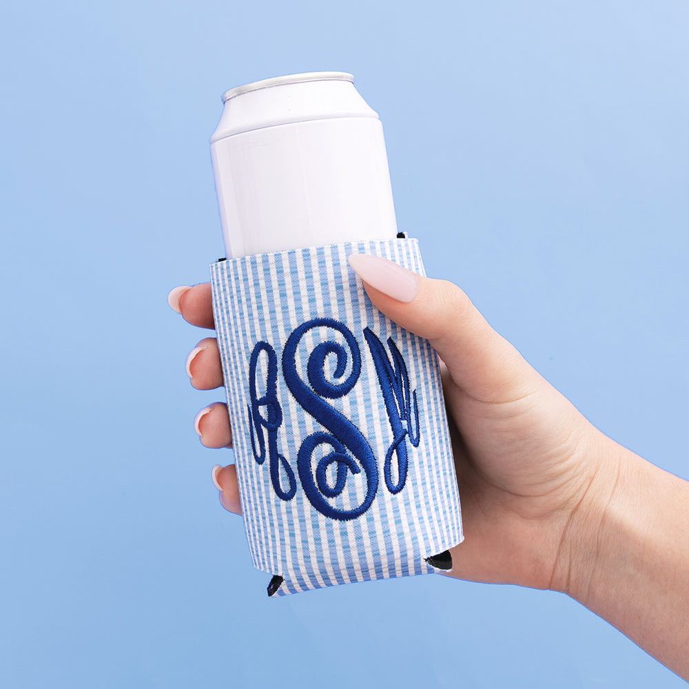 monogrammed can koolie navy seersucker in hand