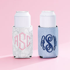 monogrammed can koolies in birch camo and navy seersucker