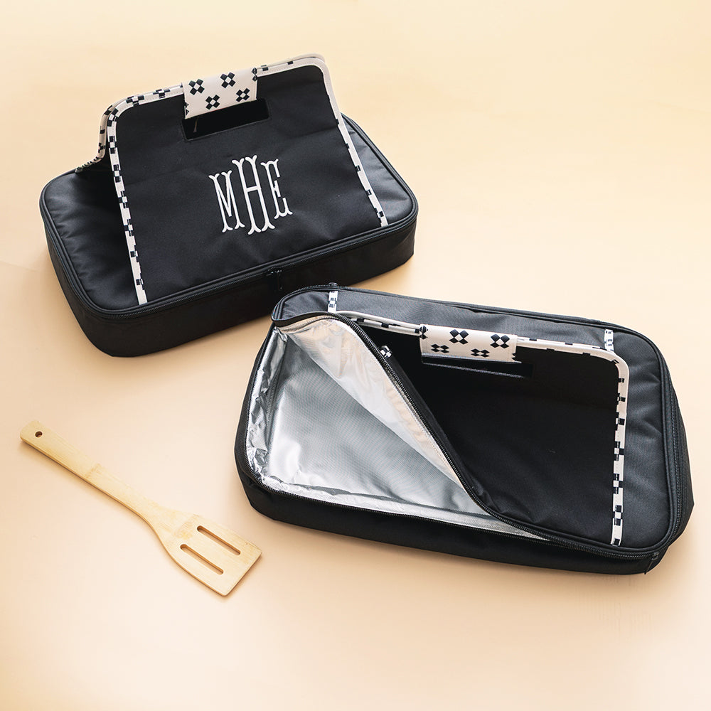 monogrammed casserole carrier in black ditsy diamond opened and closed 