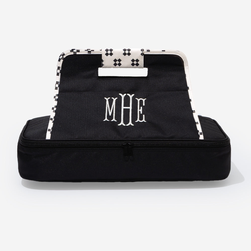 monogrammed casserole carrier in black ditsy diamond 