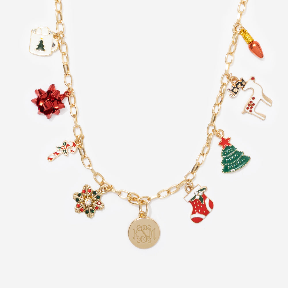 monogrammed christmas charm necklace in red and green 