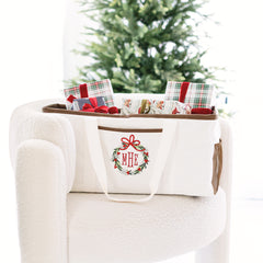 monogrammed christmas wire top extra large tote with presents 