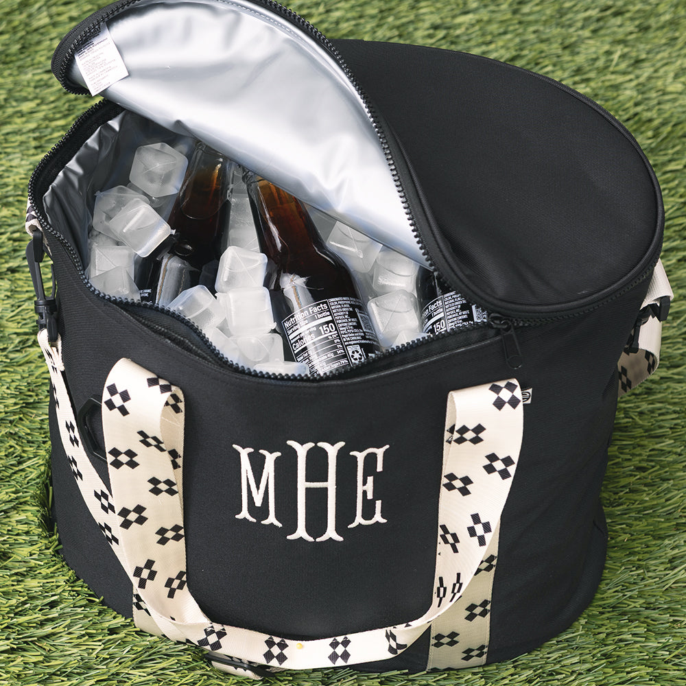 monogrammed cooler in black ditsy diamond opened