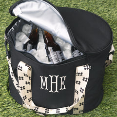 monogrammed cooler in black ditsy diamond opened