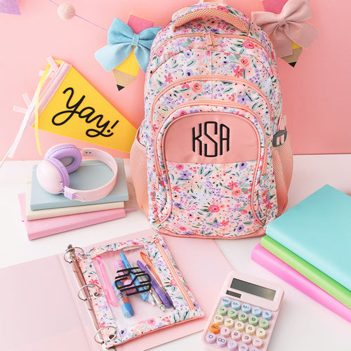 monogrammed coral floral backpack and binder pencil pouch