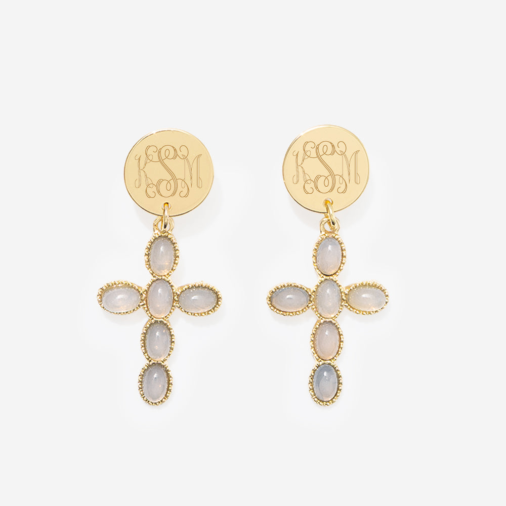 monogrammed cross earrings in taupe