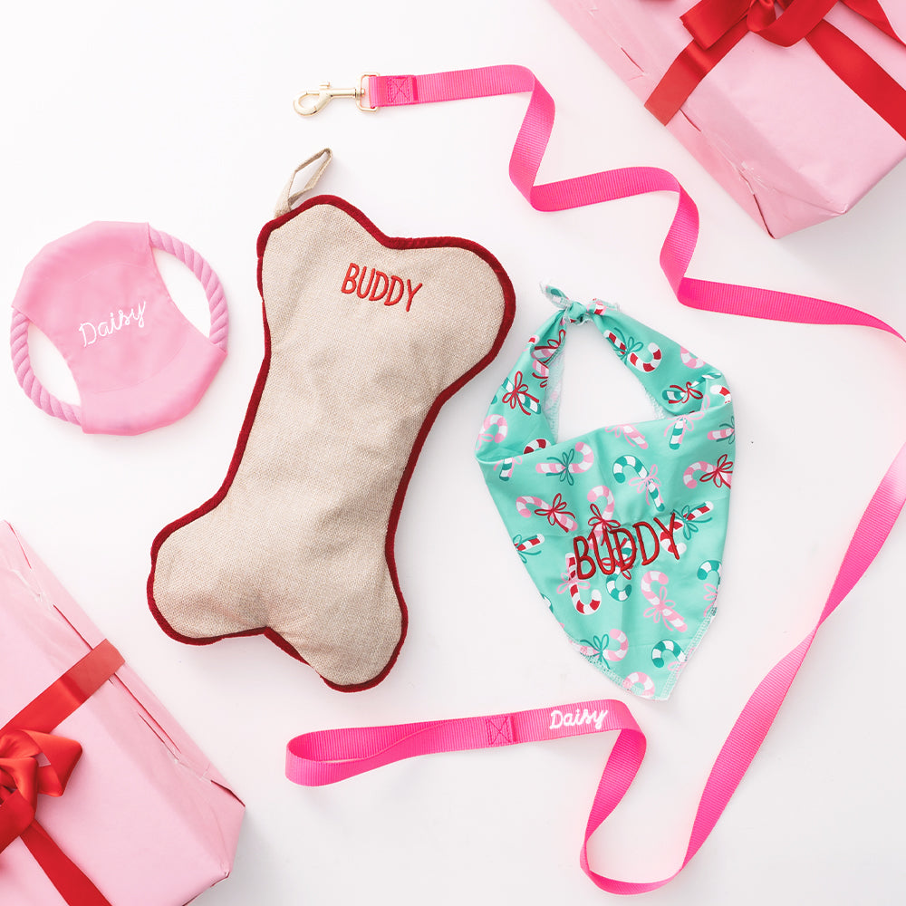 monogrammed dog bone stocking with dog toys 