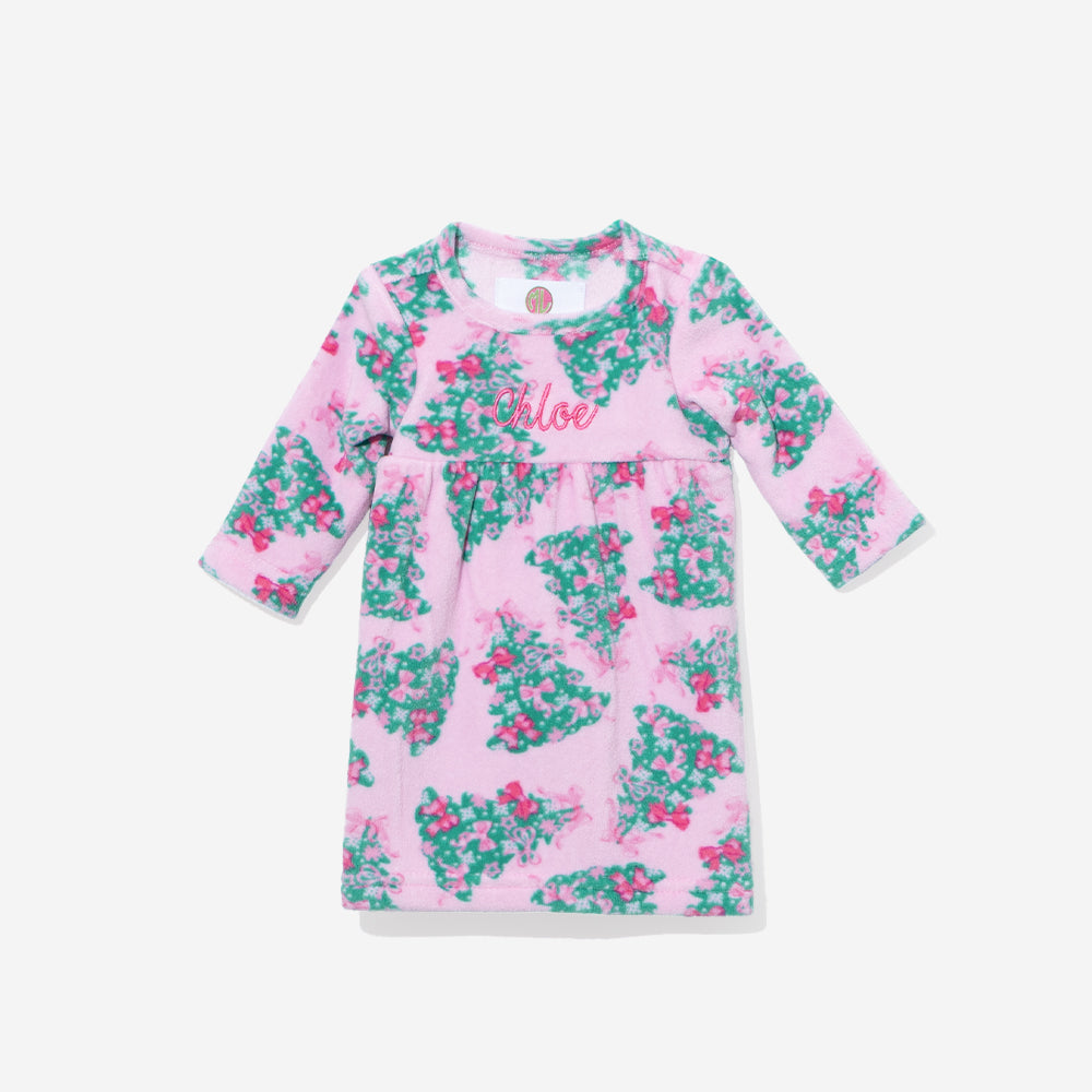 monogrammed doll dress in pink christmas trees