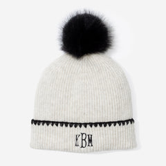 monogrammed embroidered edge beanie in ivory/black