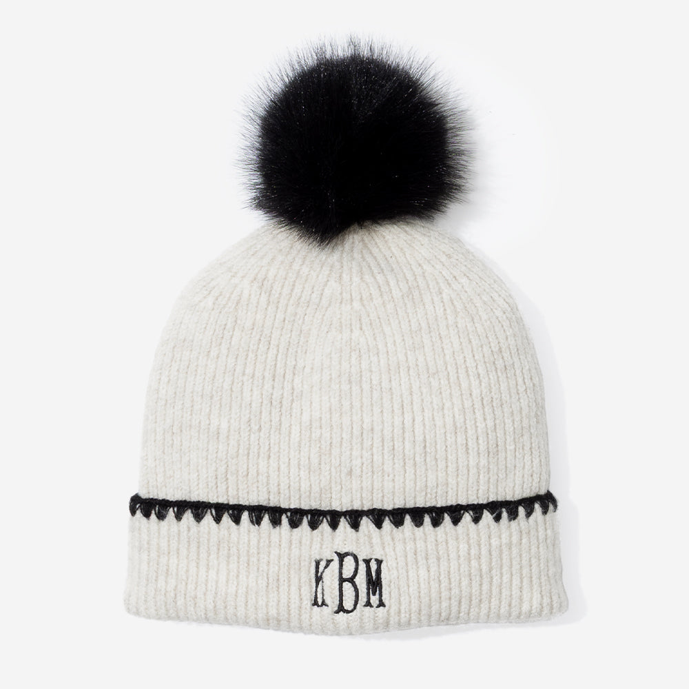 monogrammed embroidered edge beanie in ivory/black