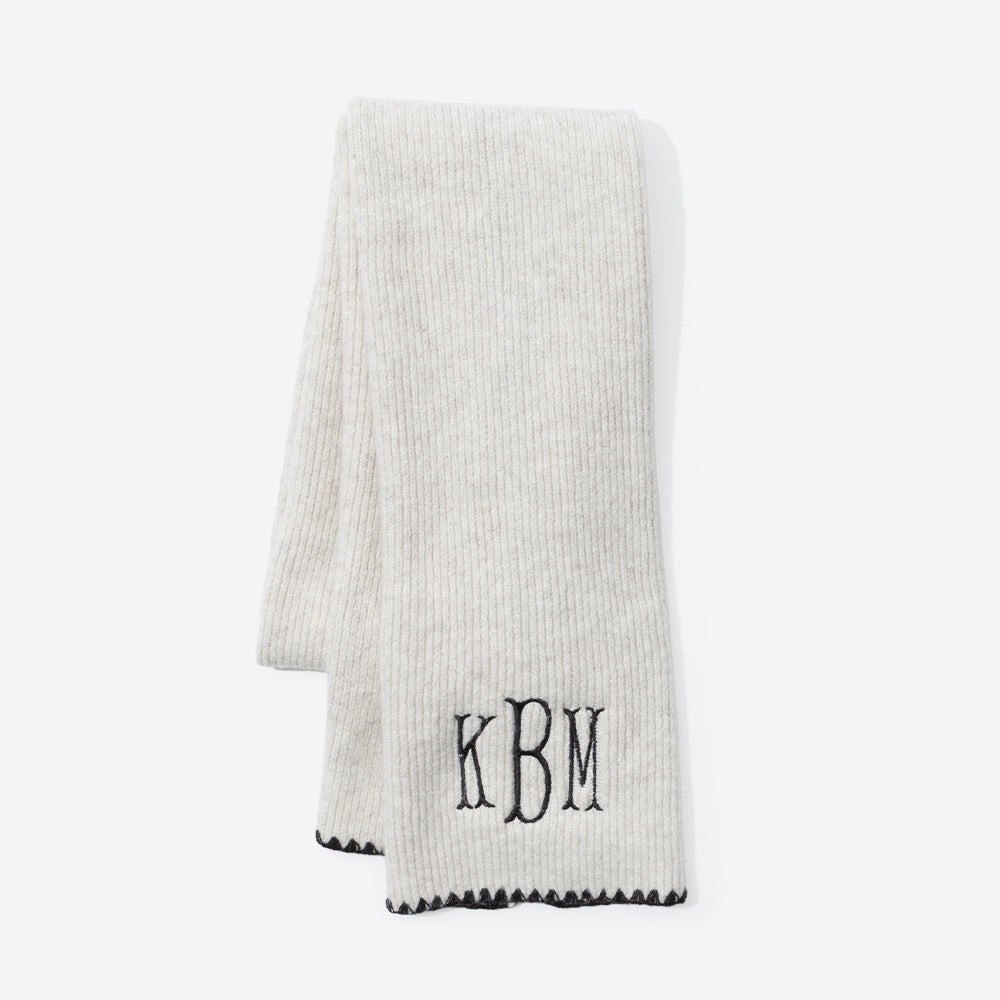 monogrammed embroidered edge scarf-in ivory and black