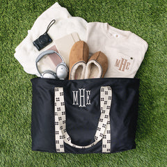 black ditsy diamond monogrammed extra large tote bag packed for travel 