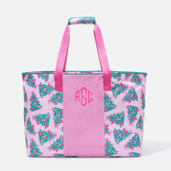 monogrammed extra large tote bag in pink christmas tree 
