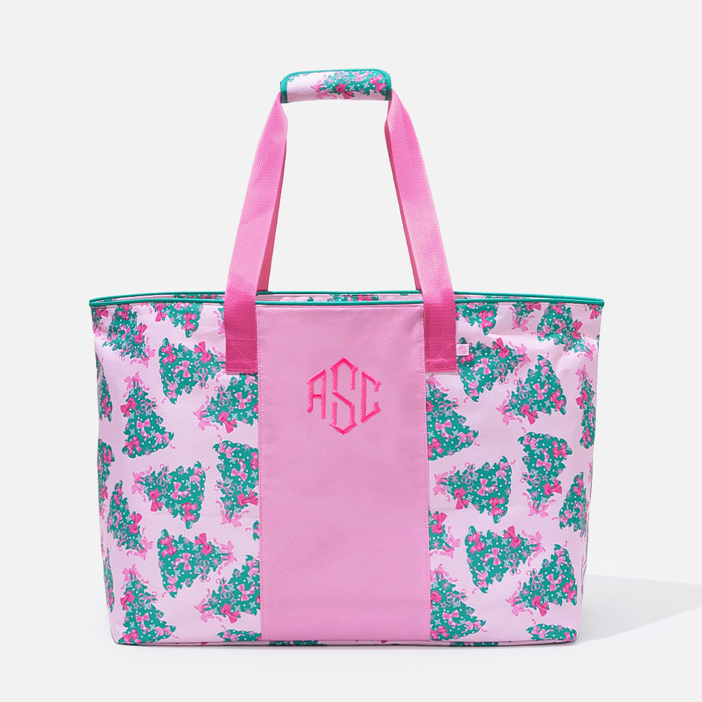 monogrammed extra large tote bag in pink christmas tree 