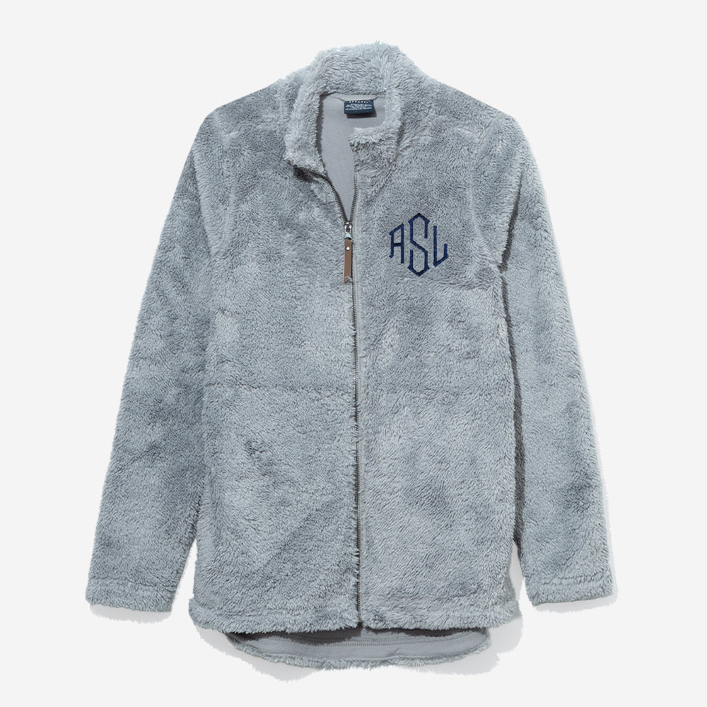 monogrammed fleece full zip jacket in light gray