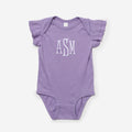Purple baby onesie with ruffled sleeves and 'ASM' monogram on a white background