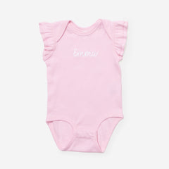 Pink baby onesie with 'Emma' printed on a white background
