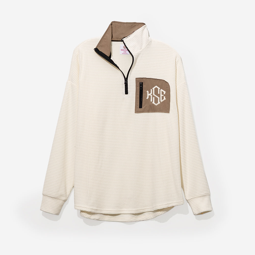 monogrammed grid fleece quarter zip pullover in ivory with ivory monogram