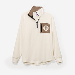 monogrammed grid fleece quarter zip pullover in ivory with ivory monogram