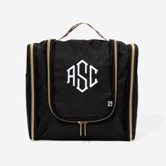 monogrammed hanging toiletry bag in black classic cheetah