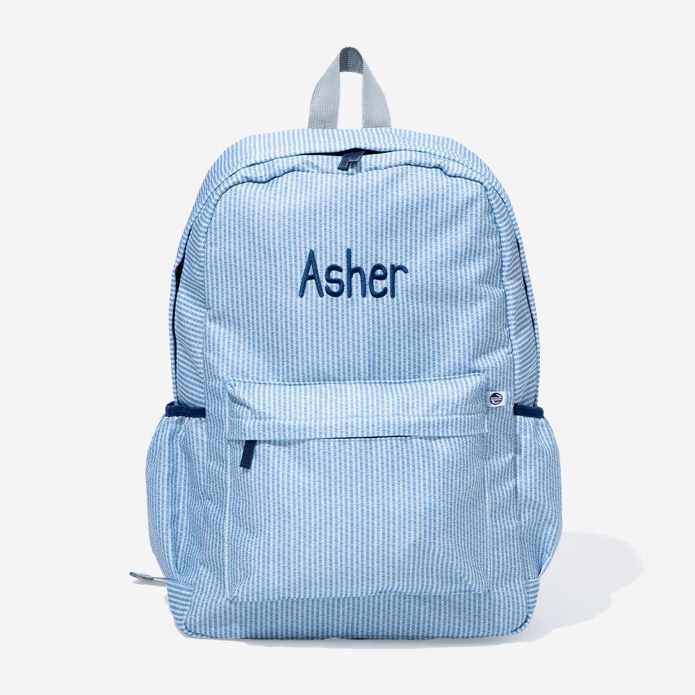 Monogrammed kids basic backpack in navy seersucker