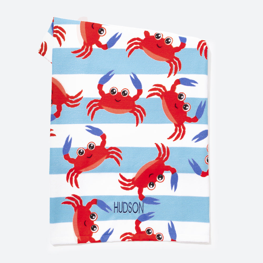 kids blue and white striped beach towel with crab design