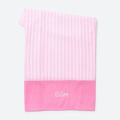 kids pink and white striped beach towel with embroidered name