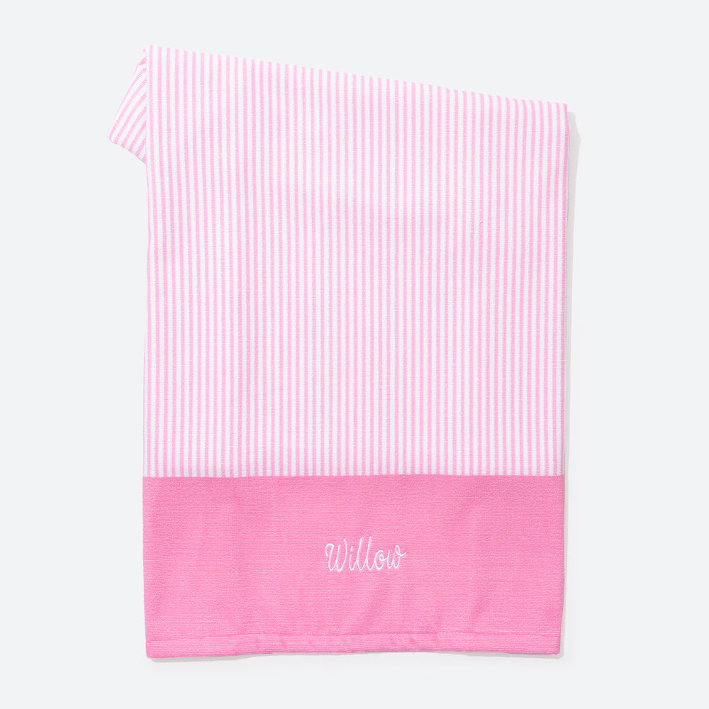 kids pink and white striped beach towel with embroidered name